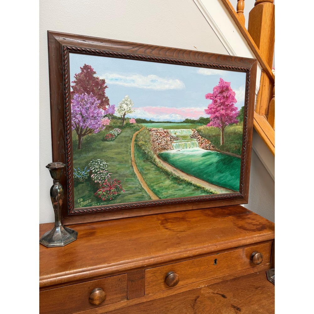 Ed Seller Original Landscape Oil Painting Waterfall Framed Canvas 2005 28x22